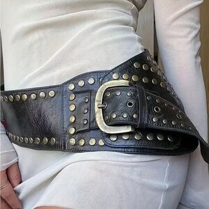 Edgy Black Leather Belt with Gold Studs